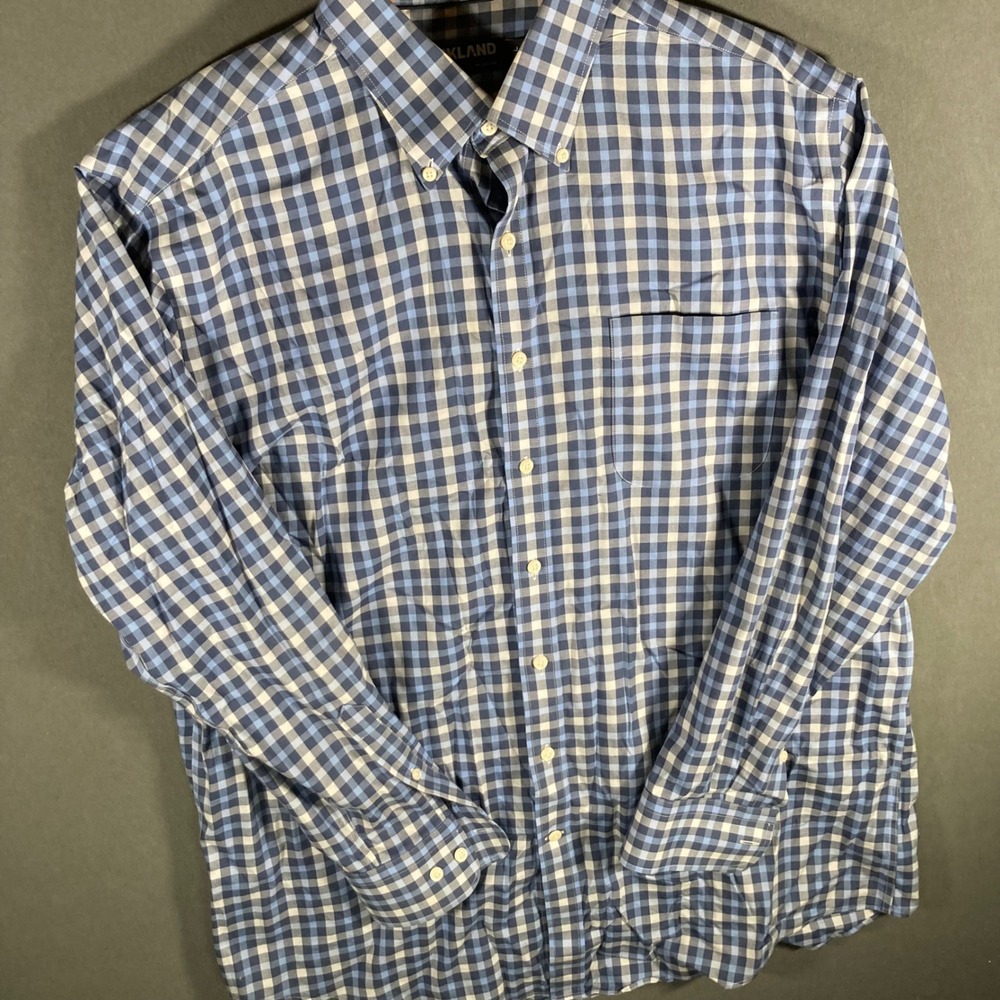 Kirkland Signature Button Down Shirt‎ Mens XL Blue Gingham Stretch Casual